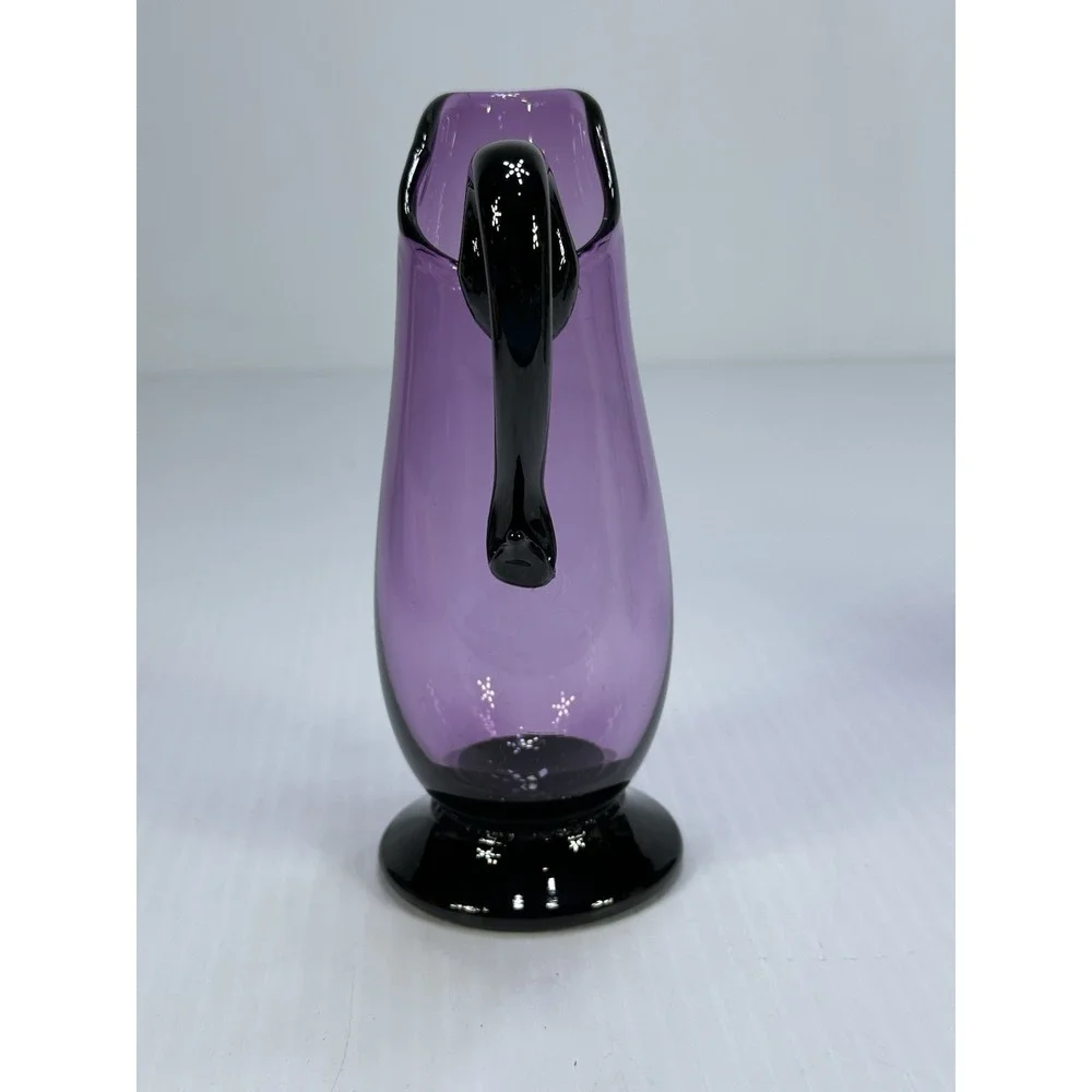 Vintage Purpla Amethyst Art Glass Footed Pitcher Vase Applied Handle Signed 6.5